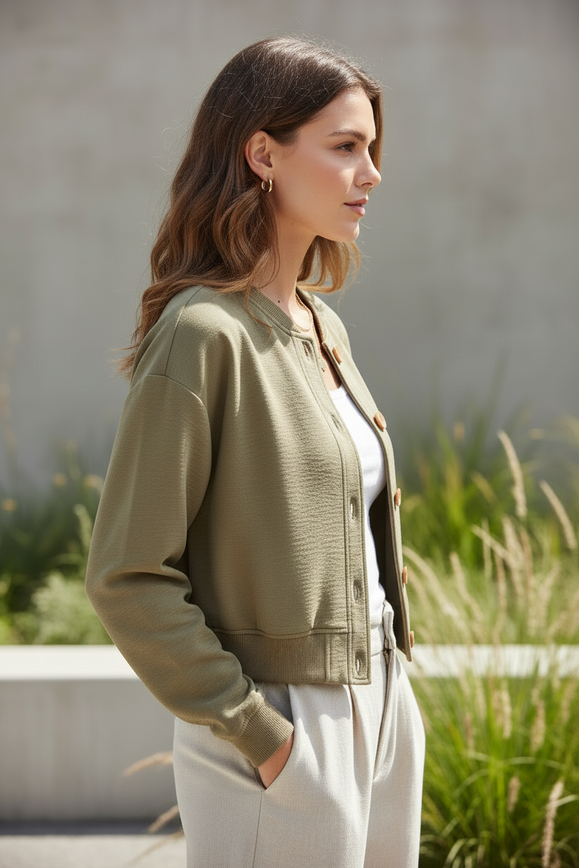 Woman wearing khaki cropped button-front bomber jacket, side angle view