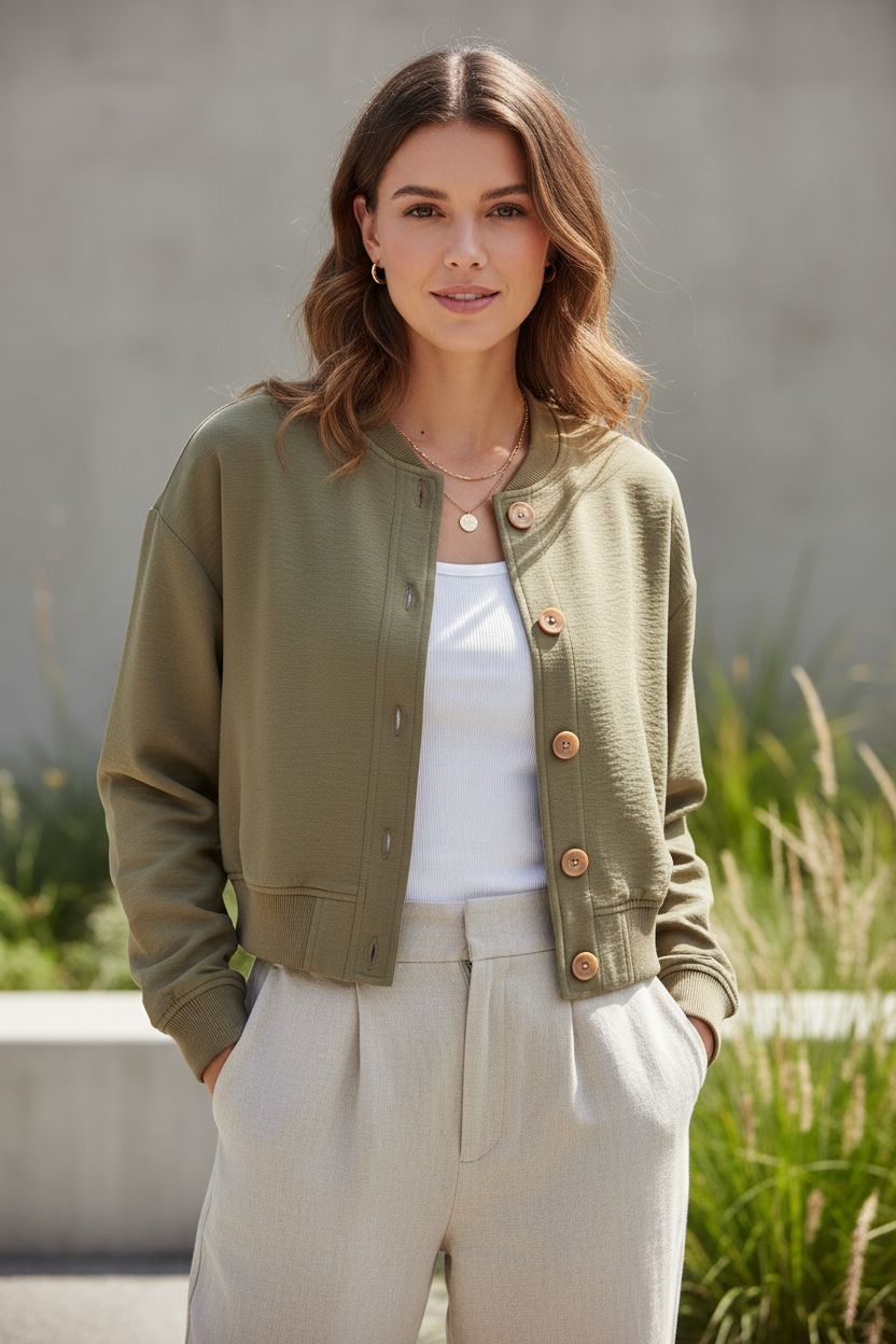Woman wearing khaki cropped button-front bomber jacket in casual outdoor setting